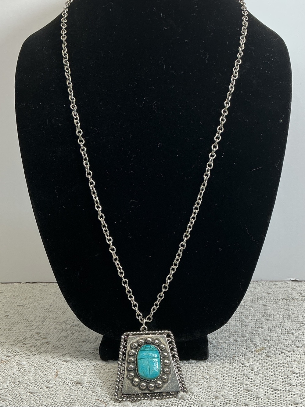 Large Turquoise Pendant Statement Necklace  with  Silver-Tone Chain